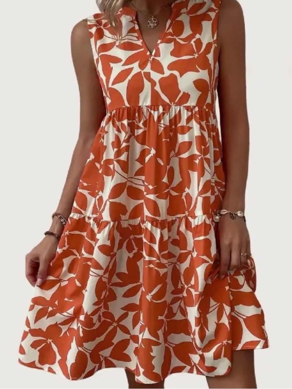 Sleeveless Orange Floral Tiered Mini Dress - Unbranded